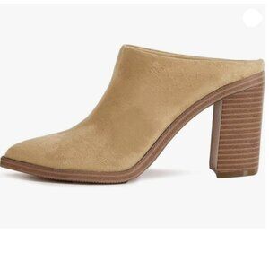 FOWT Women Pointed Toe Slip On Mules Stacked Block High Heel Sandal Camel Nude